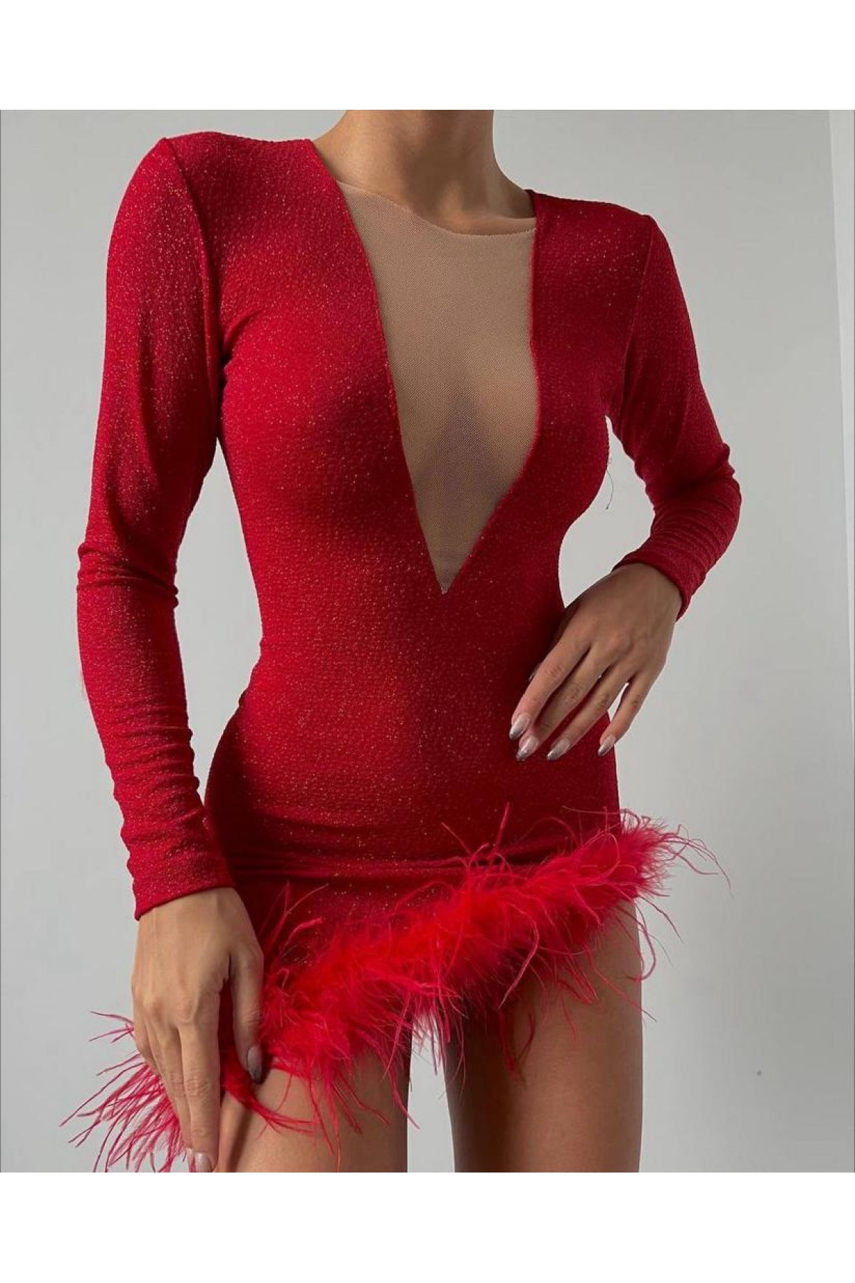 Göğüs Tül Detaylı Elbise - Kırmızı